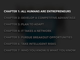 CHAPTER 1: ALL HUMANS ARE ENTREPRENEURS
CHAPTER 2: DEVELOP A COMPETITIVE ADVANTAGE
CHAPTER 3: PLAN TO ADAPT
CHAPTER 4: ...